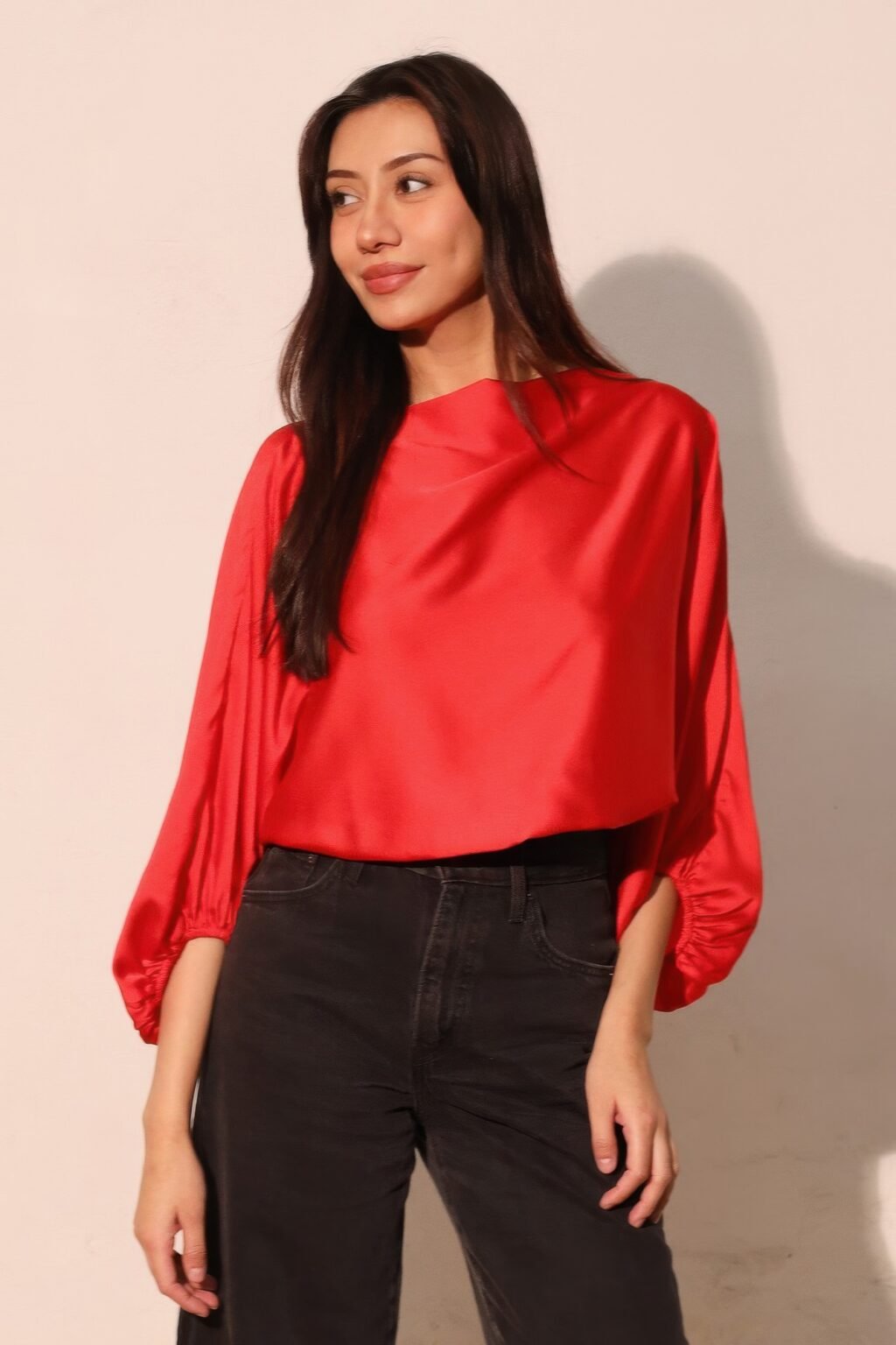 silky satin boat neck blouson top