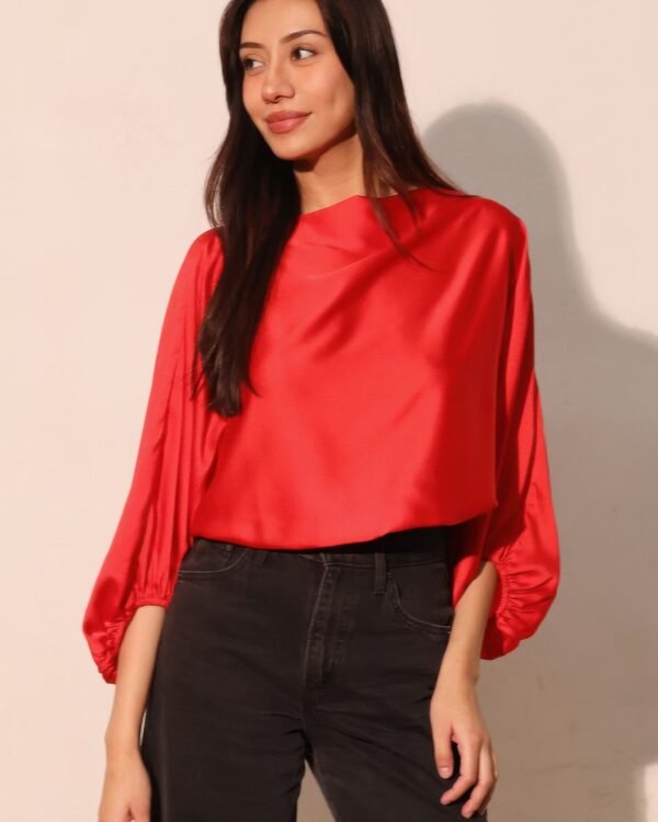 Silky Satin Boat Neck Blouson Top