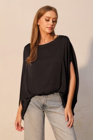 Washed Poly Silk Boat Neck Caftan Top Washed Poly Silk Boat Neck Caftan Top