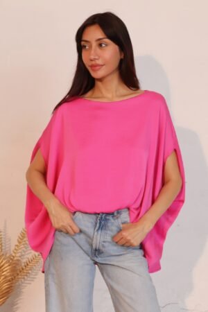 Washed Poly Silk Boat Neck Caftan Top Washed Poly Silk Boat Neck Caftan Top