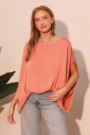 Washed Poly Silk Boat Neck Caftan Top Washed Poly Silk Boat Neck Caftan Top