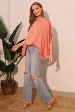 Washed Poly Silk Boat Neck Caftan Top Washed Poly Silk Boat Neck Caftan Top