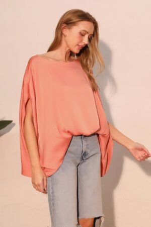Washed Poly Silk Boat Neck Caftan Top Washed Poly Silk Boat Neck Caftan Top