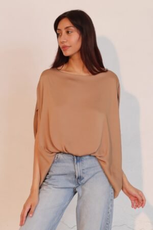 Washed Poly Silk Boat Neck Caftan Top Washed Poly Silk Boat Neck Caftan Top