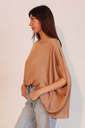 Washed Poly Silk Boat Neck Caftan Top Washed Poly Silk Boat Neck Caftan Top