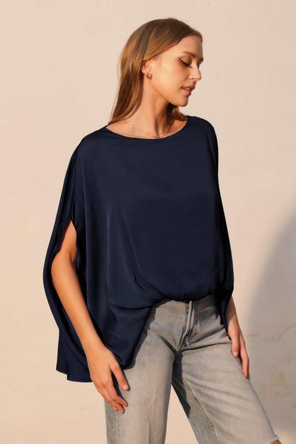 washed poly silk boat neck caftan top