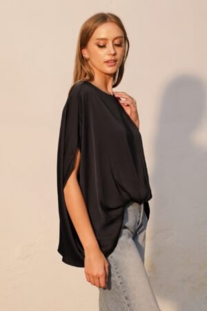 Washed Poly Silk Boat Neck Caftan Top Washed Poly Silk Boat Neck Caftan Top