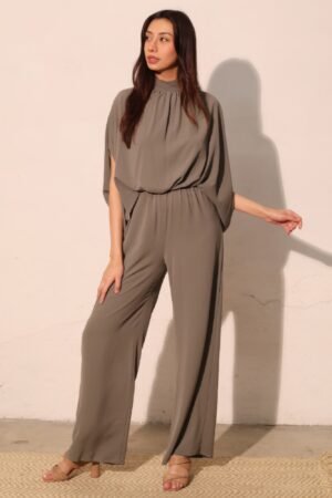Textured Solid Mock Neck Caftan Jumpsuit Textured Solid Mock Neck Caftan Jumpsuit