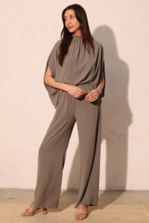 Textured Solid Mock Neck Caftan Jumpsuit Textured Solid Mock Neck Caftan Jumpsuit