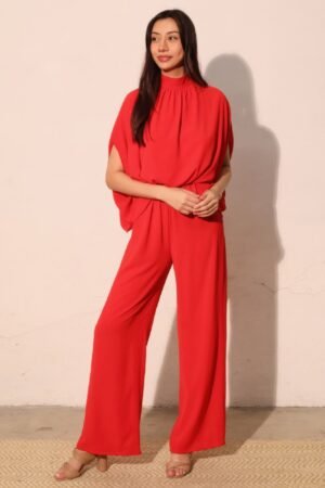 Textured Solid Mock Neck Caftan Jumpsuit Textured Solid Mock Neck Caftan Jumpsuit