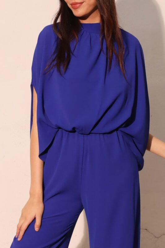 Textured Solid Mock Neck Caftan Jumpsuit