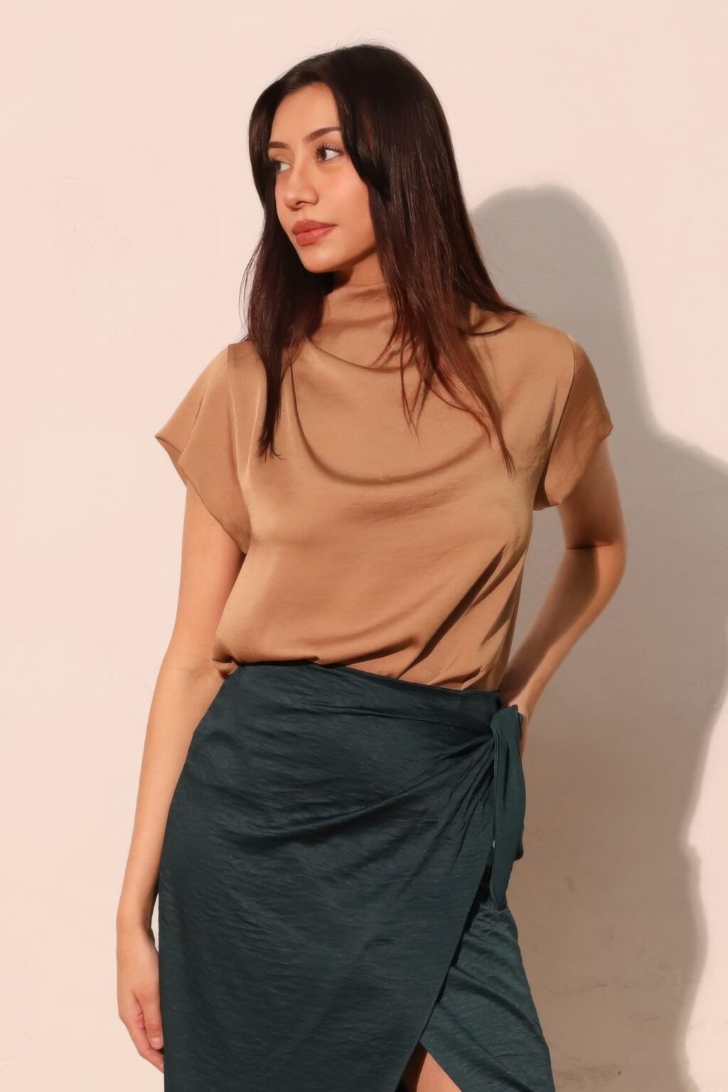 washed poly silk high neck short sleeve top
