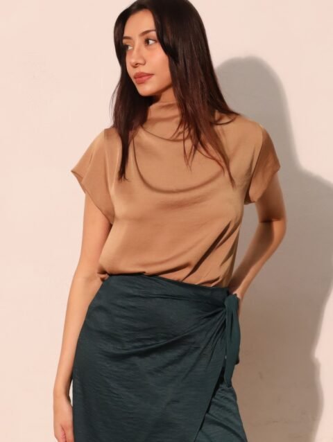 Washed Poly Silk High Neck Short Sleeve Top