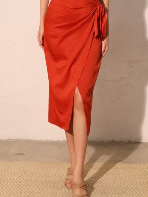 Washed Satin Crepe Side Wrap Midi Skirt