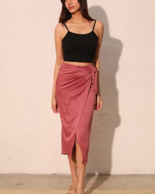 washed satin crepe side wrap midi skirt