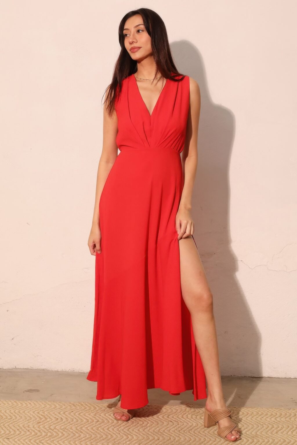 textured solid v‑neck maxi dress – elegant flowing dress