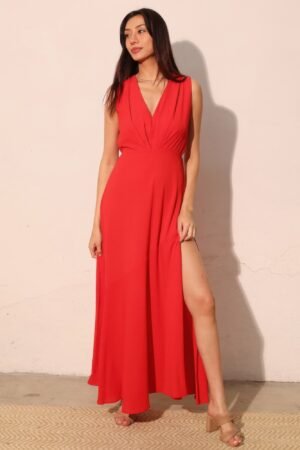 Textured Solid V‑neck Maxi Dress – Elegant Flowing Dress