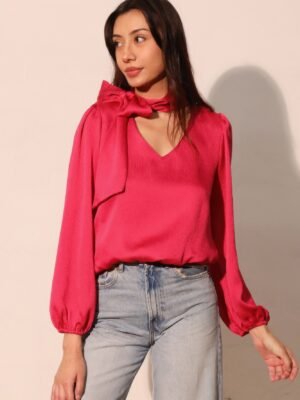 Hammered Satin Tie Neck Bubble Top
