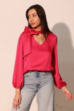 Hammered Satin Tie Neck Bubble Top