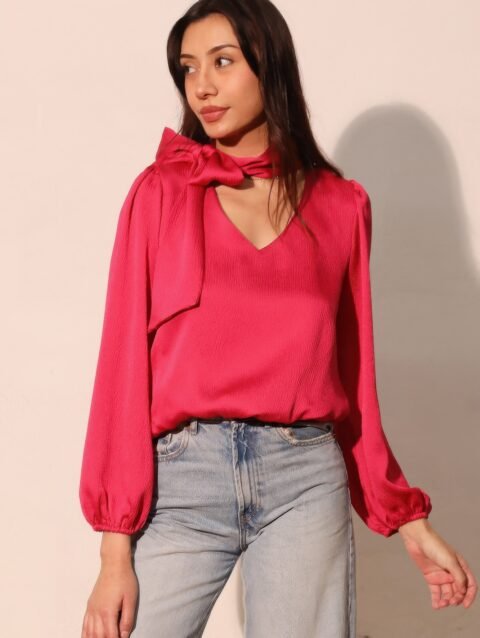 Hammered Satin Tie Neck Bubble Top