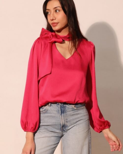 Hammered Satin Tie Neck Bubble Top