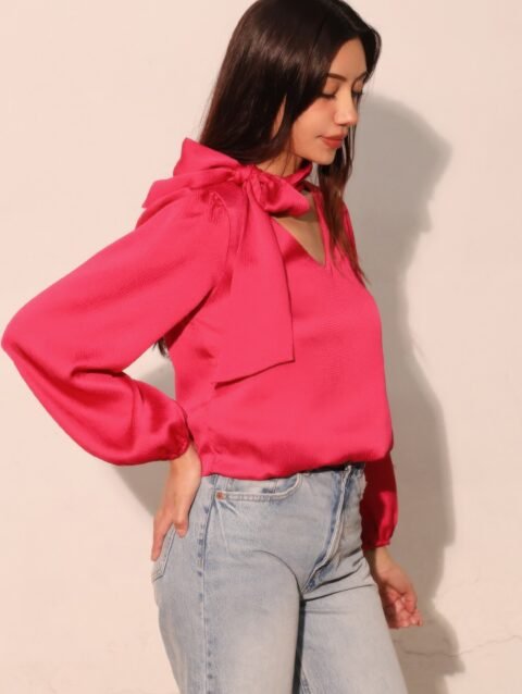 Hammered Satin Tie Neck Bubble Top