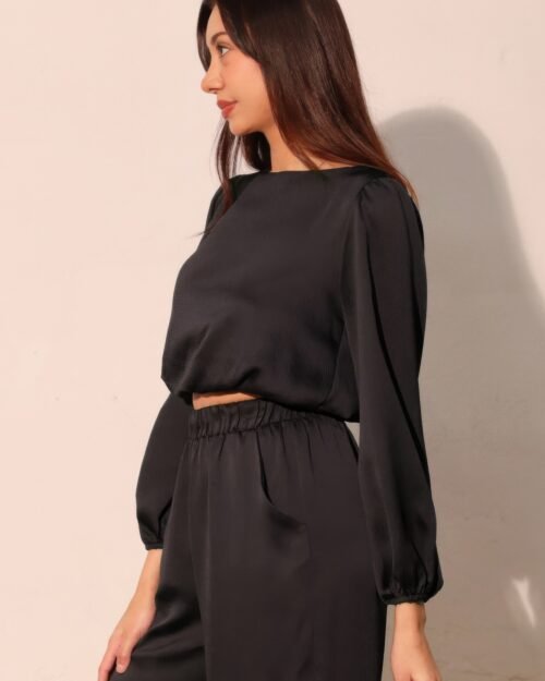 hammered satin long sleeve crop top