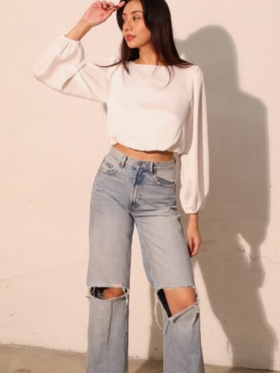 Hammered Satin Long Sleeve Crop Top