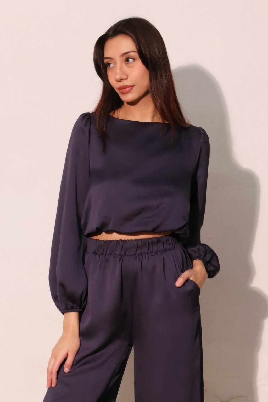 hammered satin long sleeve crop top