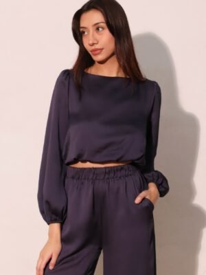Hammered Satin Long Sleeve Crop Top
