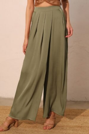 Washed Poly Silk Asymmetrical Pleated Pants Washed Poly Silk Asymmetrical Pleated Pants