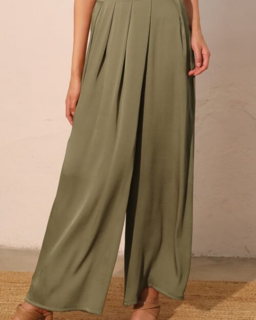 washed poly silk asymmetrical pleated pants