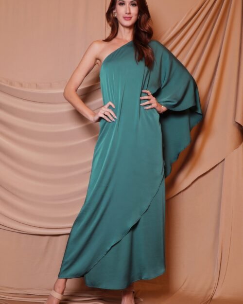 washed poly silk athena one shoulder maxi