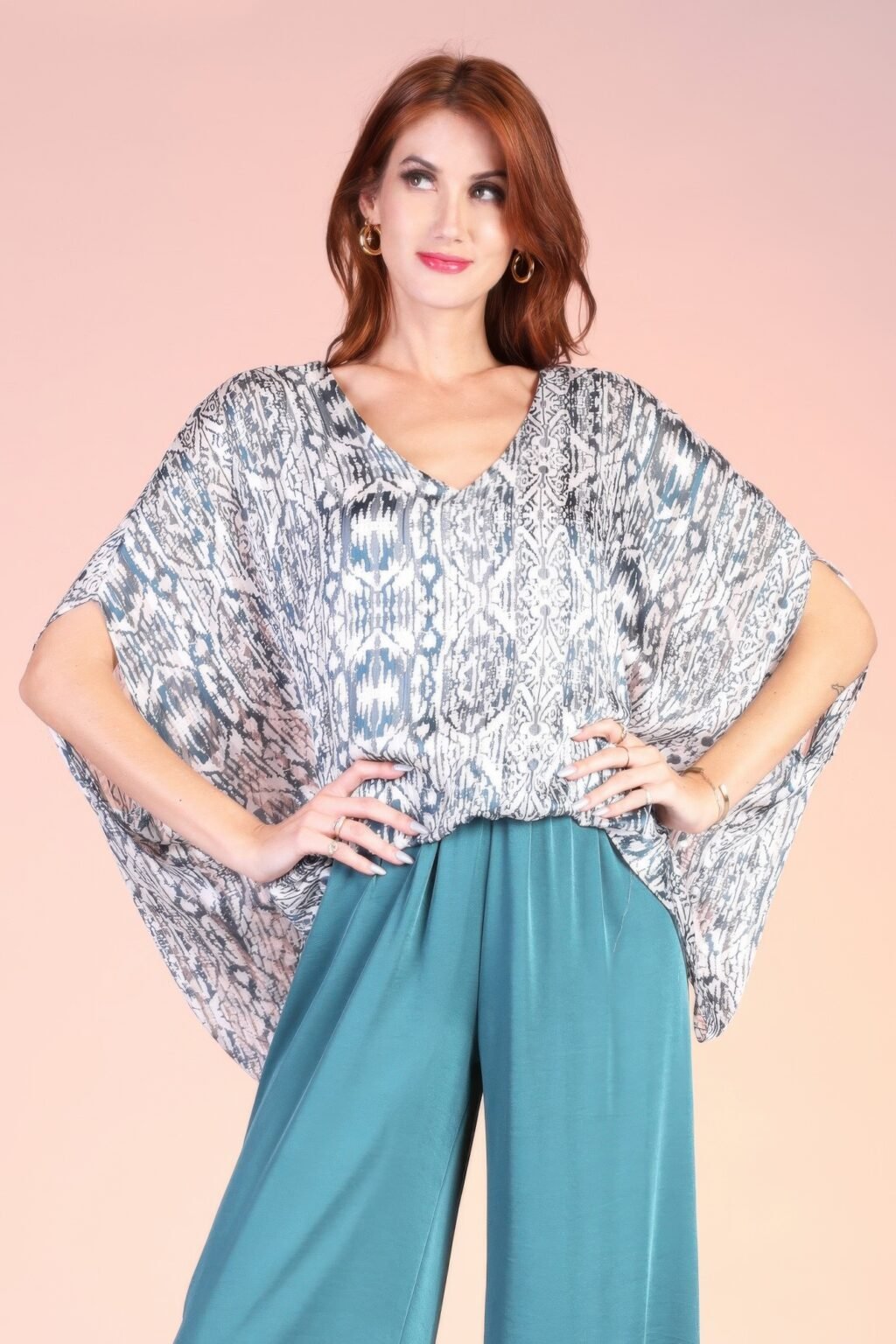 bohemian lurex chiffon caftan top with back band