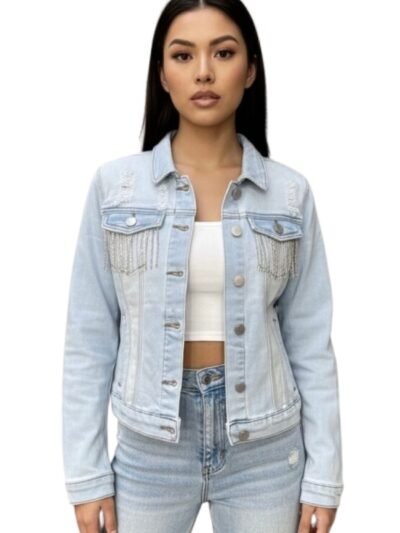 Distressed Jean Jacket With Rhinestone Fringe