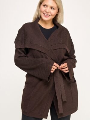 Plus Size Ribbed Wrap Cardigan With Waist Belt