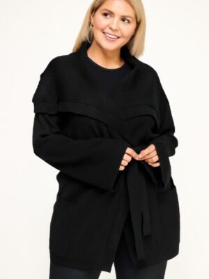 Plus Size Ribbed Wrap Cardigan With Waist Belt
