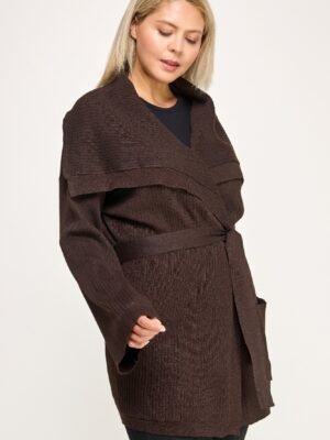 Plus Size Ribbed Wrap Cardigan With Waist Belt
