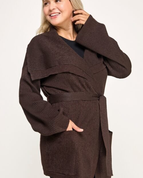 plus size ribbed wrap cardigan with waist belt