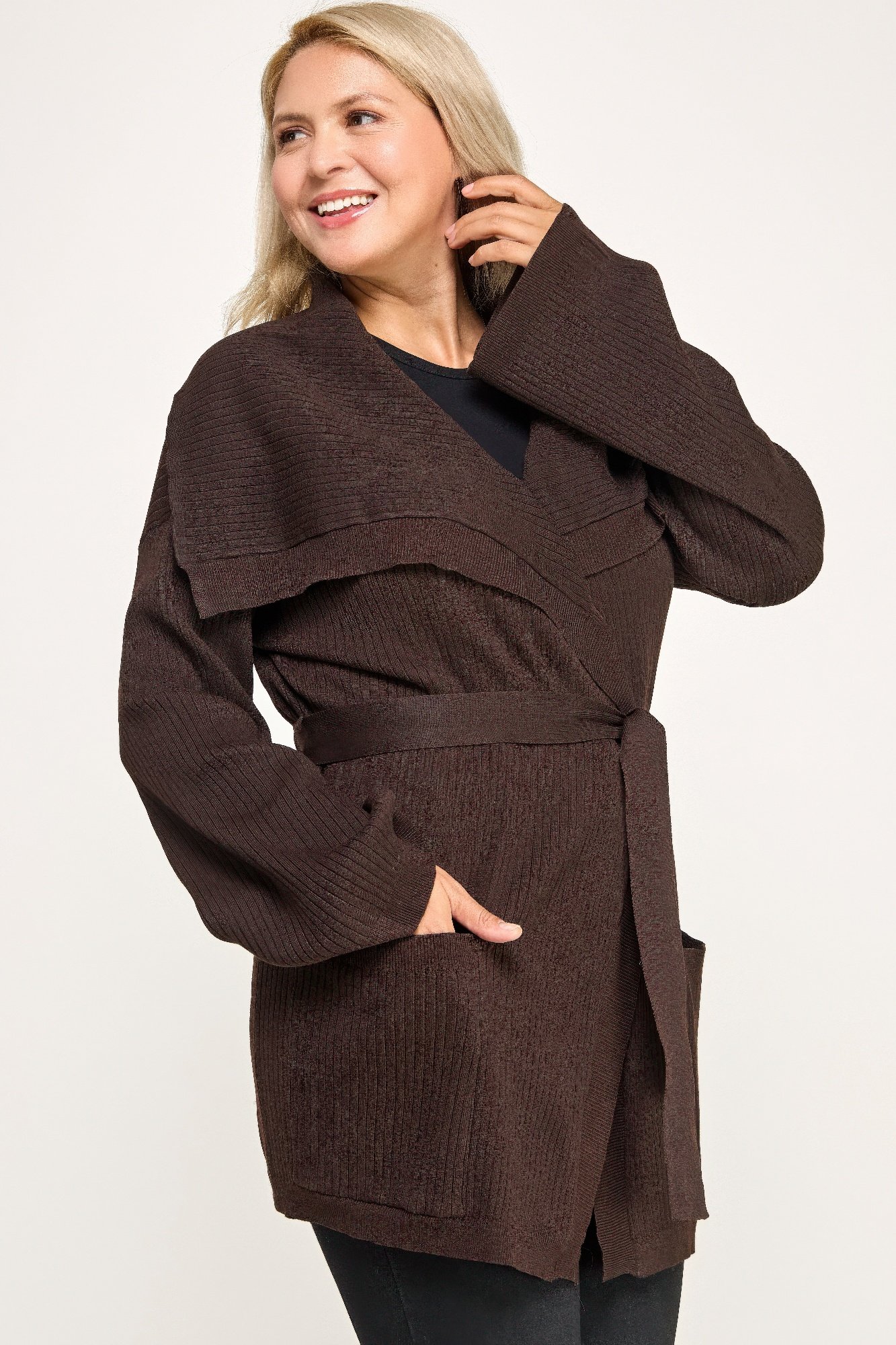 plus size ribbed wrap cardigan with waist belt