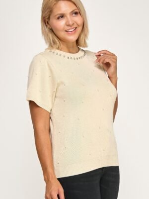 Plus Size Pearl & Rhinestone Knit Sweater Top