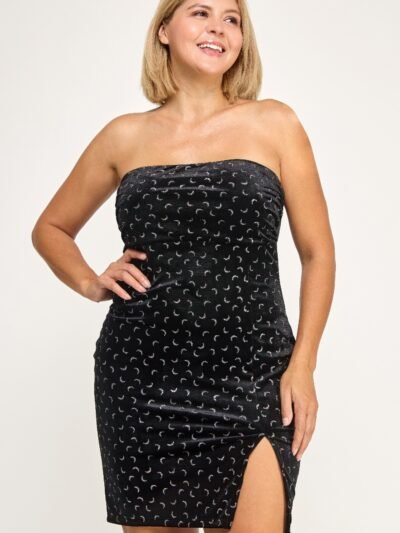 Plus Velvet Strapless Dress W/ Metal Crescent Det