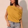 Washed Poly Silk Asymmetrical Drawstring Top