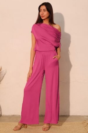 Washed Poly Silk Asymmetrical Drawstring Top Washed Poly Silk Asymmetrical Drawstring Top