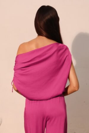 Washed Poly Silk Asymmetrical Drawstring Top Washed Poly Silk Asymmetrical Drawstring Top