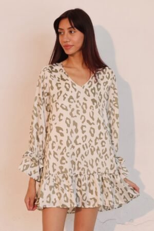 Simple Leopard Dress With Ruffle Cuff