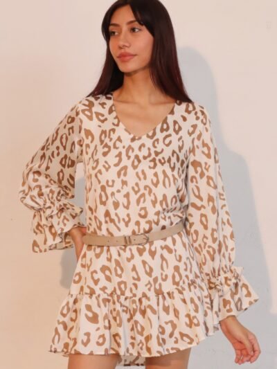 Simple Leopard Dress With Ruffle Cuff Simple Leopard Dress With Ruffle Cuff