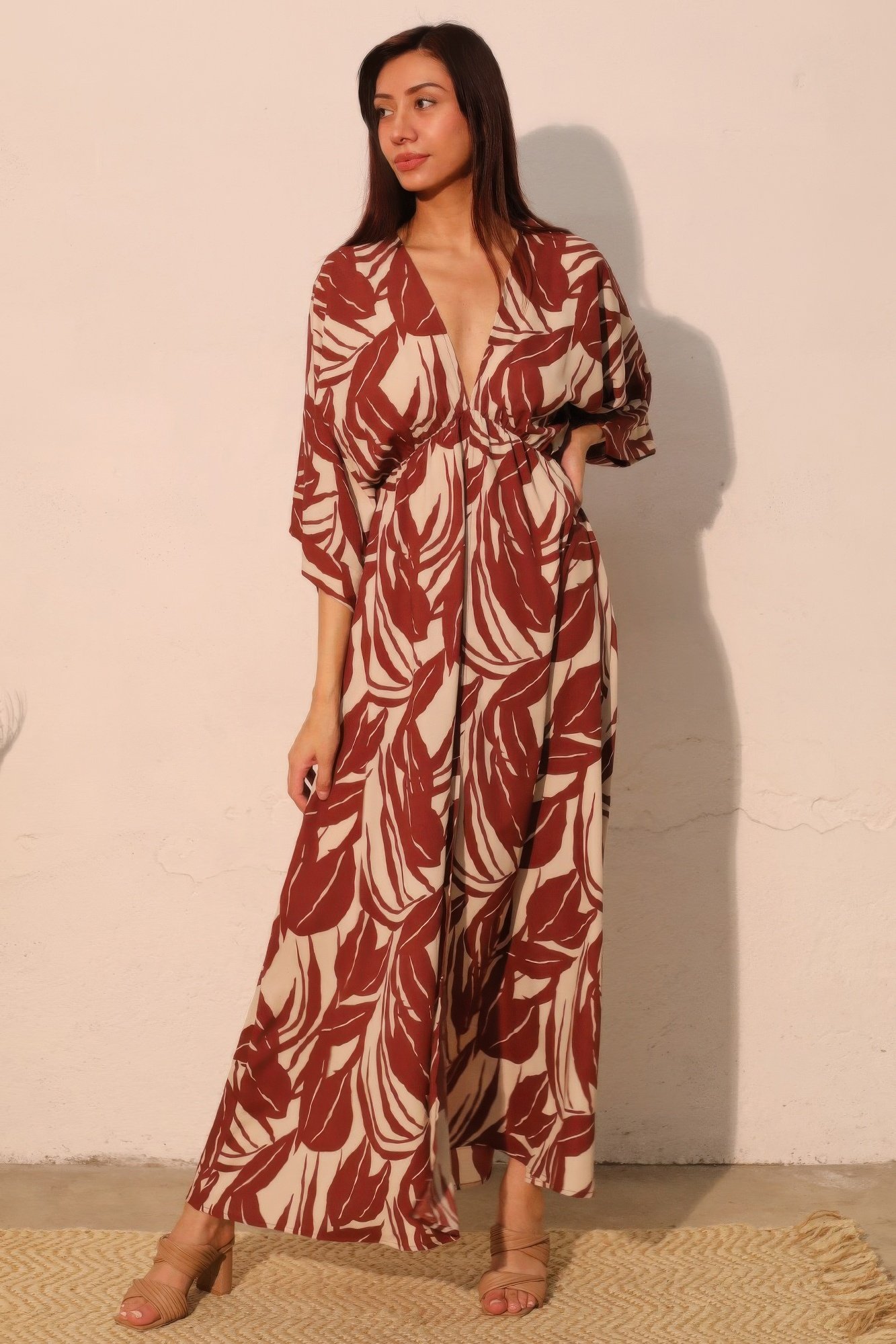 leaf print kimono maxi dress