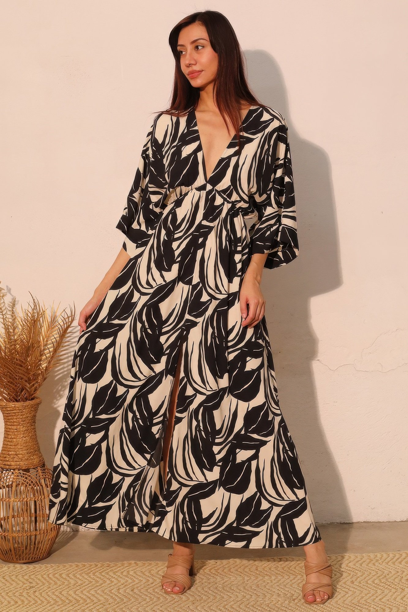 leaf print kimono maxi dress