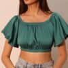 Washed Poly Silk Bubble Sleeve Crop Top